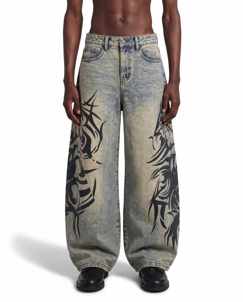 KIIKIO Vintage Washed Tribal Graphic Baggy Denim Jeans