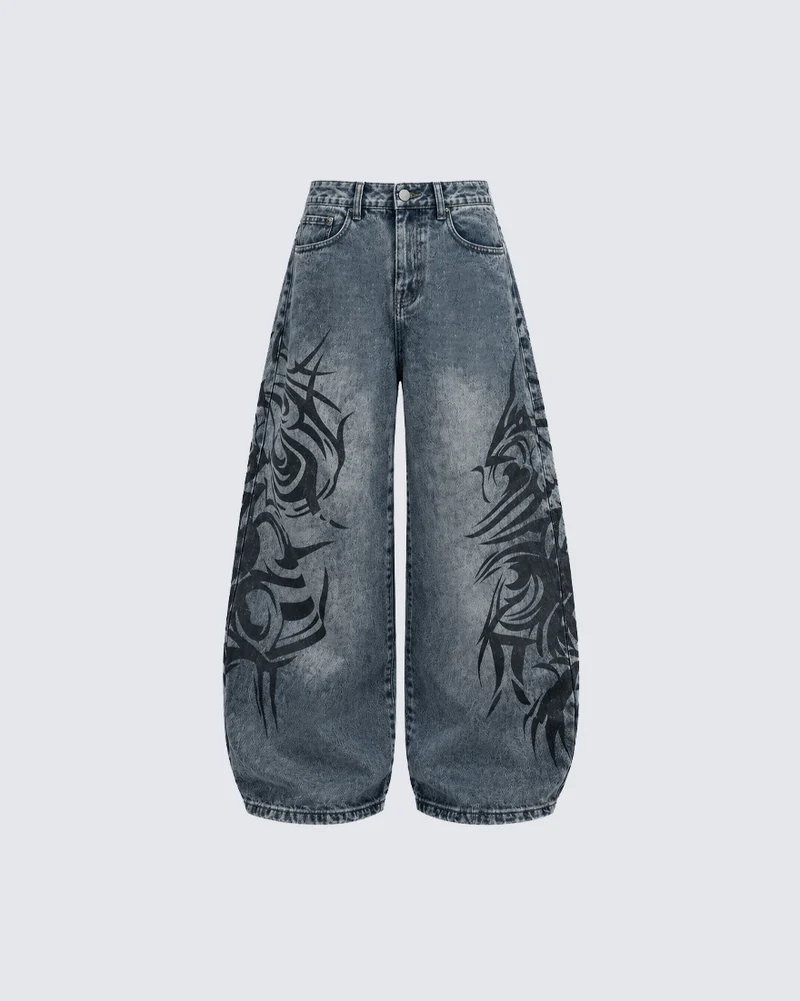 KIIKIO Vintage Washed Tribal Graphic Baggy Denim Jeans