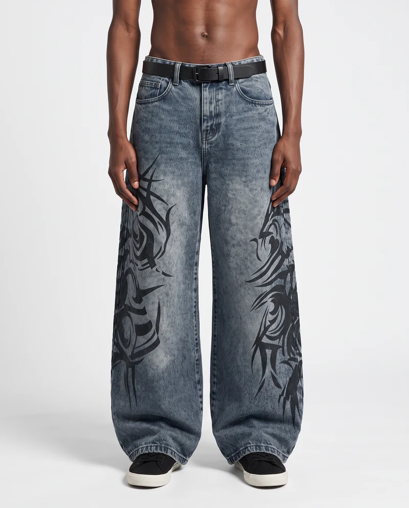 KIIKIO Vintage Washed Tribal Graphic Baggy Denim Jeans
