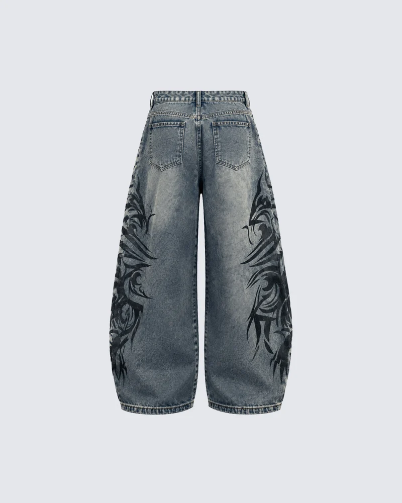 KIIKIO Vintage Washed Tribal Graphic Baggy Denim Jeans