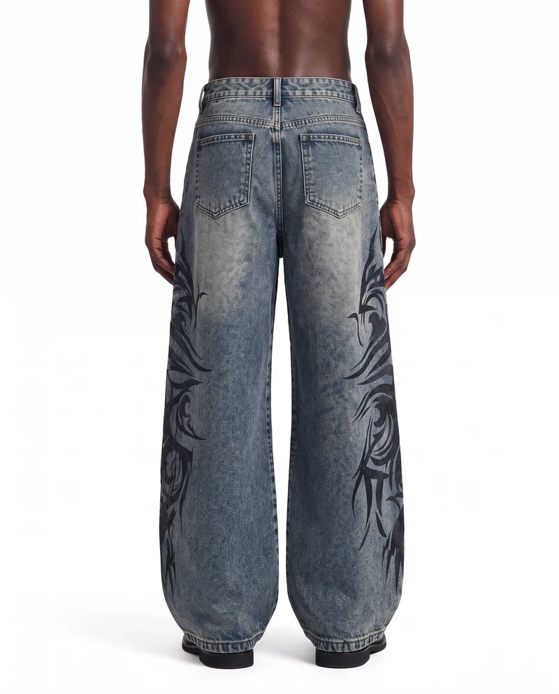 KIIKIO Vintage Washed Tribal Graphic Baggy Denim Jeans