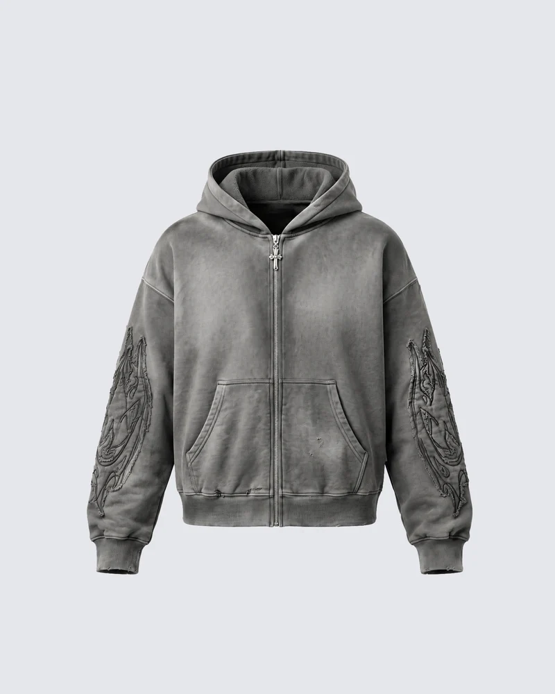 KIIKIO Vintage Washed Gothic Embroidered Zip-Up Hoodie