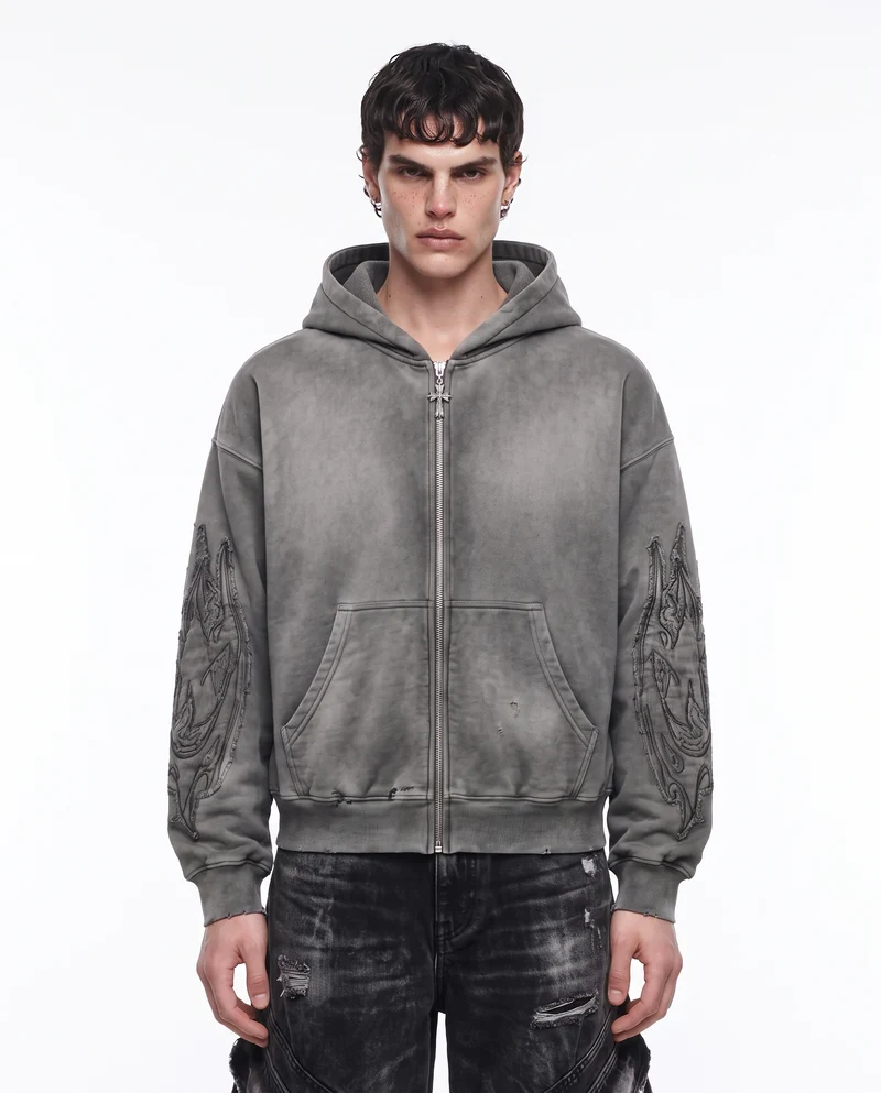 KIIKIO Vintage Washed Gothic Embroidered Zip-Up Hoodie