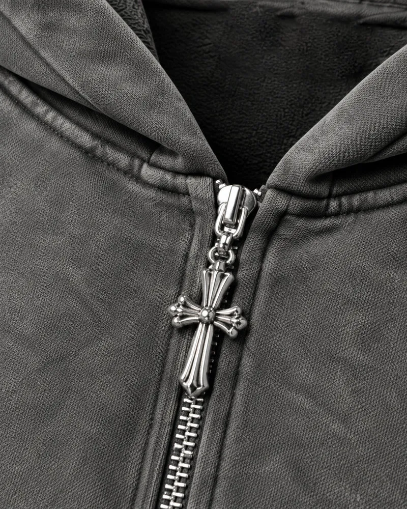 KIIKIO Vintage Washed Gothic Embroidered Zip-Up Hoodie