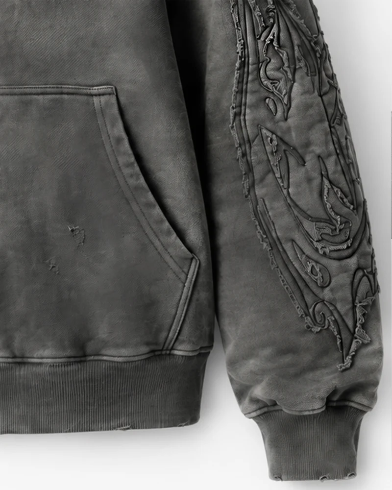KIIKIO Vintage Washed Gothic Embroidered Zip-Up Hoodie