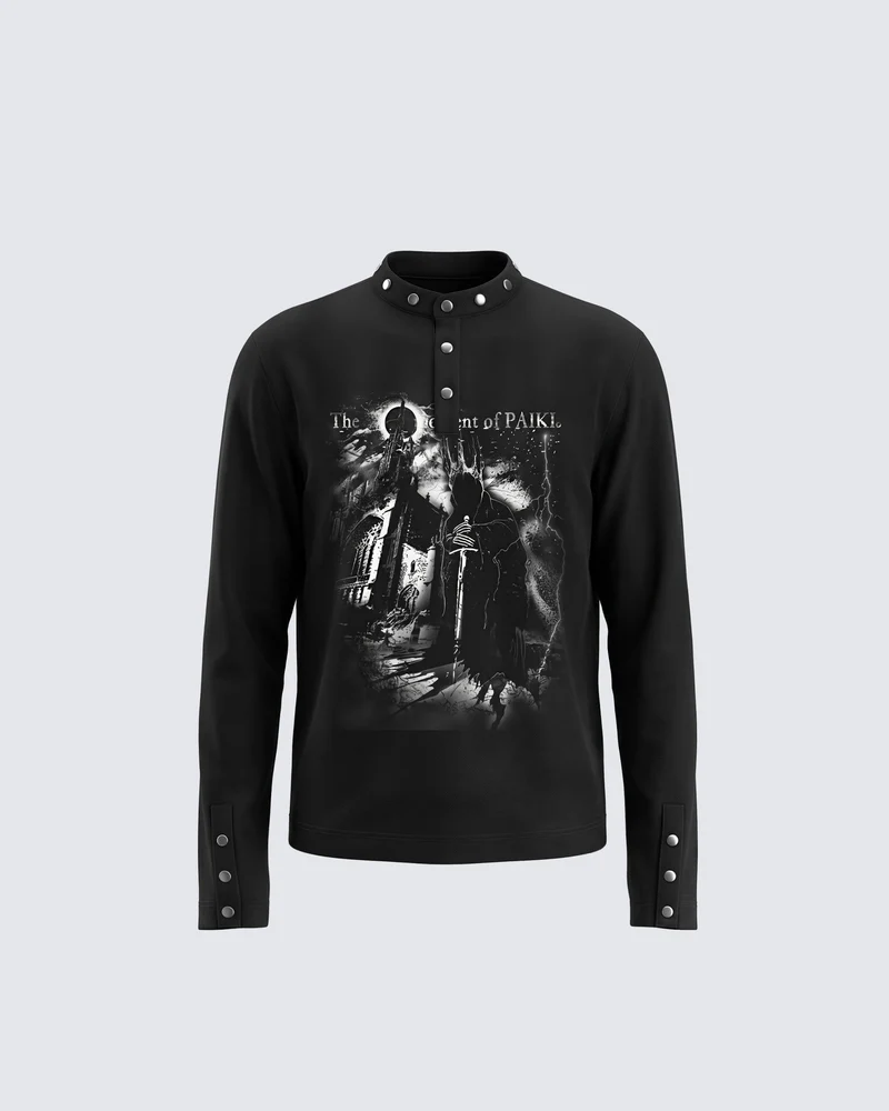 KIIKIO Gothic Studded Stand Collar Graphic Top
