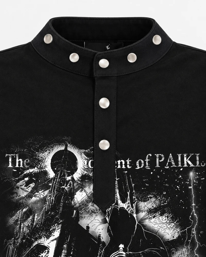 KIIKIO Gothic Studded Stand Collar Graphic Top