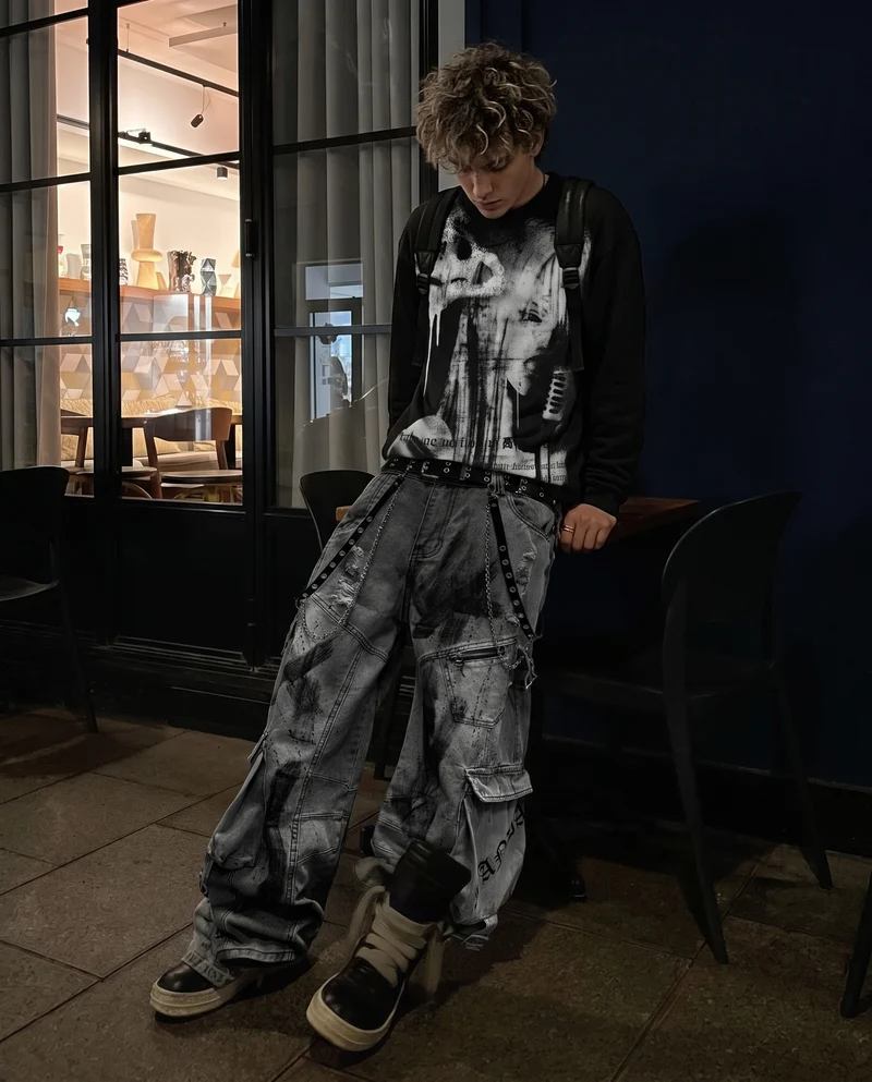 KIIKIO American Dark Style Ink-Splatter Print Long Sleeve Top