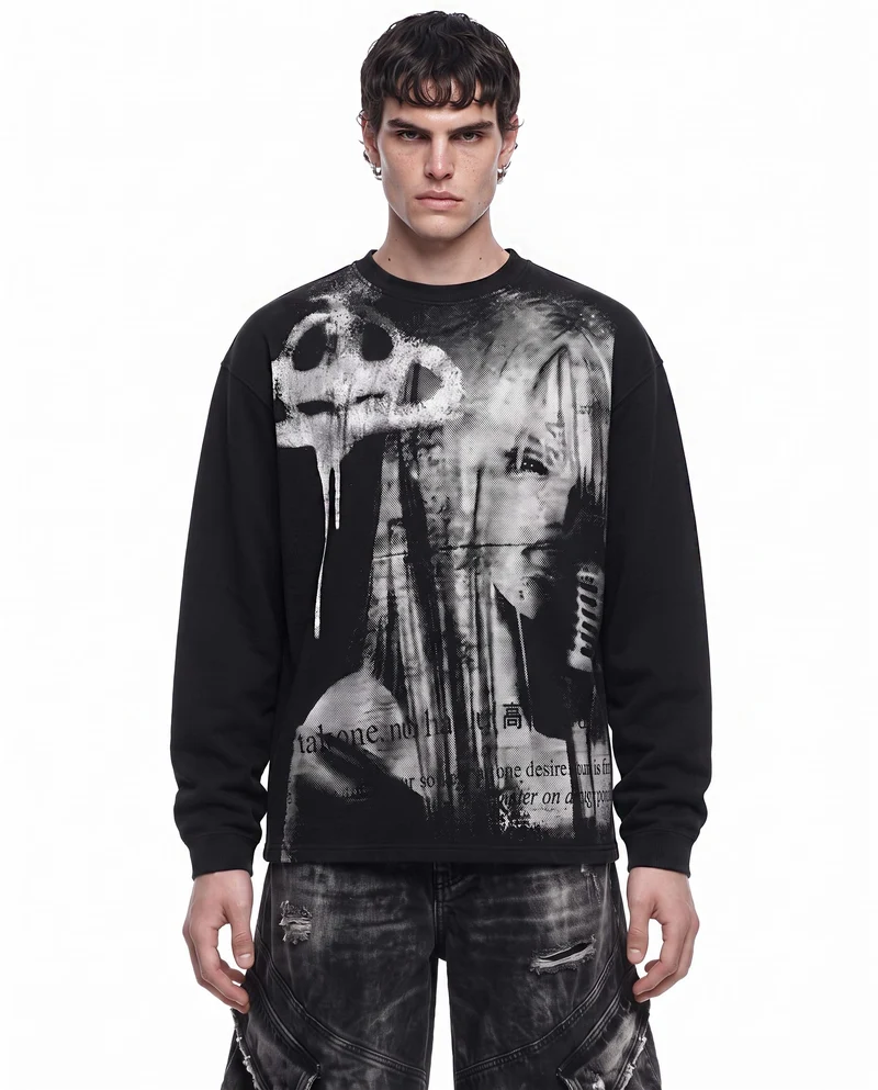 KIIKIO American Dark Style Ink-Splatter Print Long Sleeve Top