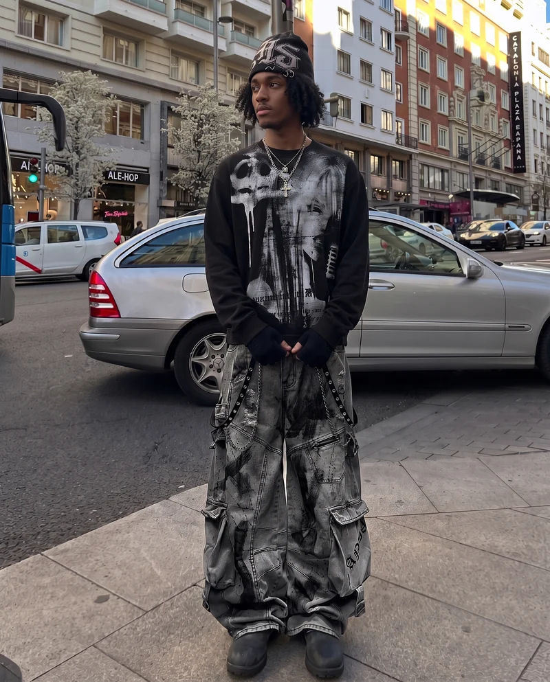 KIIKIO American Dark Style Ink-Splatter Print Long Sleeve Top