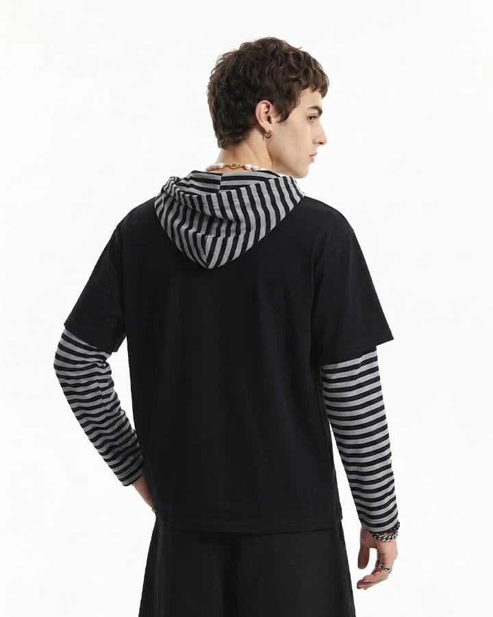 KIIKIO Striped Layered Graphic Hoodie
