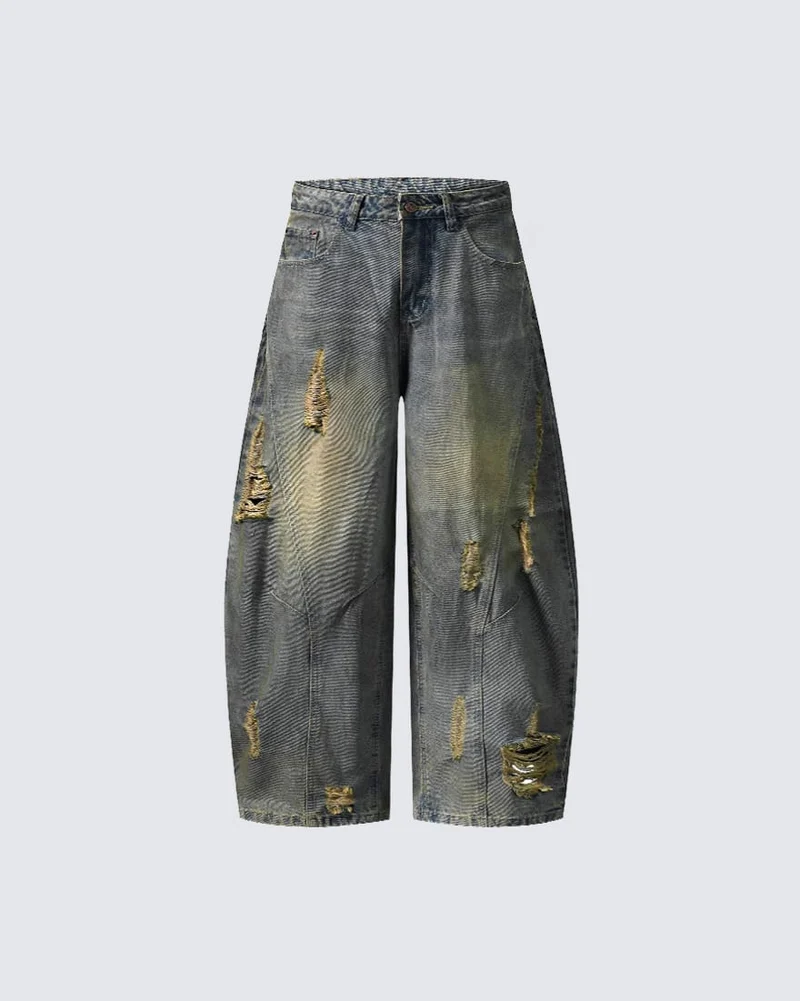 KIIKIO Distressed Washed Wide Leg Denim Jeans