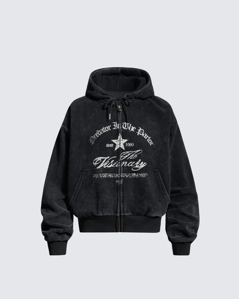 KIIKIO Vintage Lettering Graphic Zip-Up Hoodie