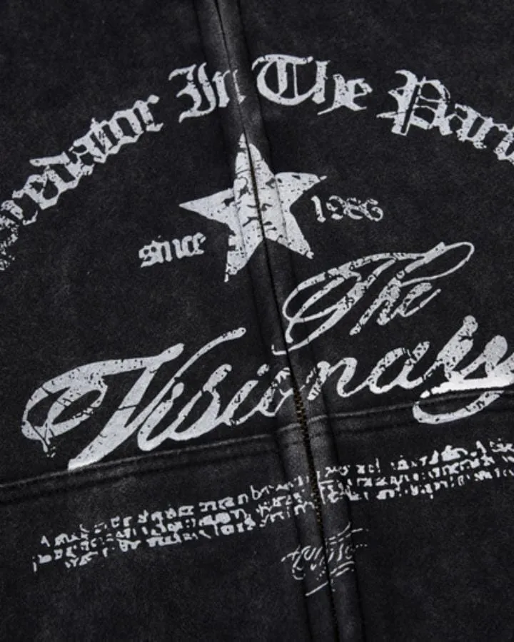 KIIKIO Vintage Lettering Graphic Zip-Up Hoodie