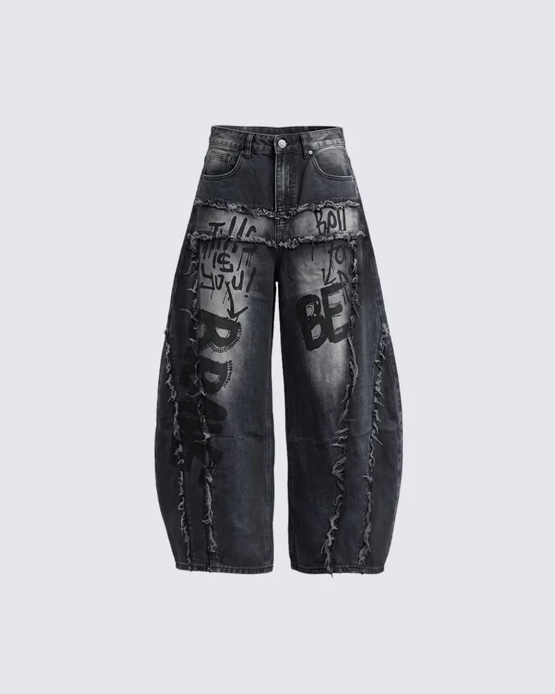 KIIKIO Retro Graffiti Distressed Wide-Leg Denim Jeans