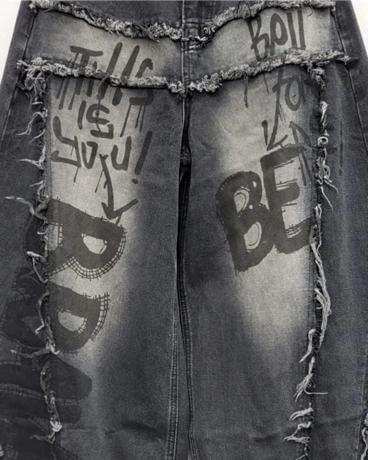 KIIKIO Retro Graffiti Distressed Wide-Leg Denim Jeans