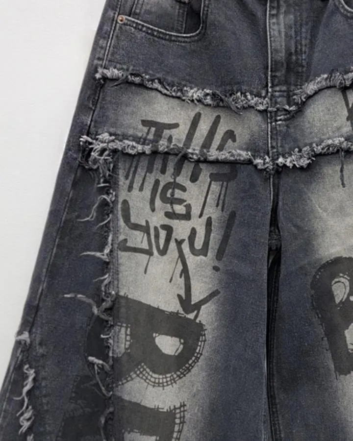 KIIKIO Retro Graffiti Distressed Wide-Leg Denim Jeans