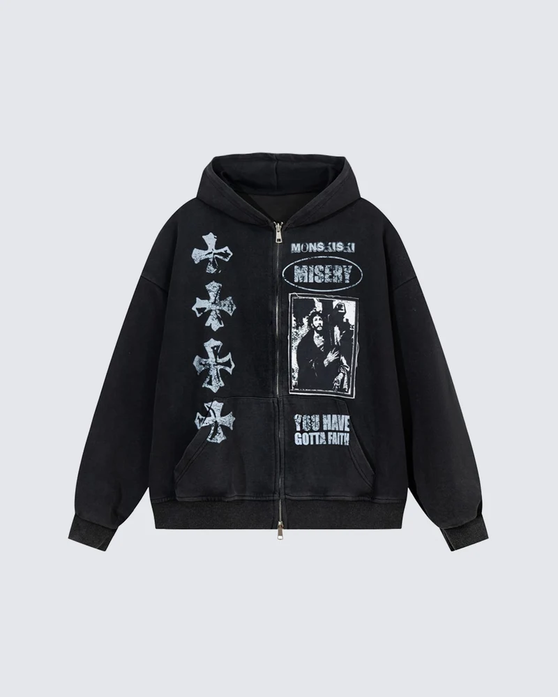 KIIKIO Vintage Washed Graphic Cross Zip Hoodie