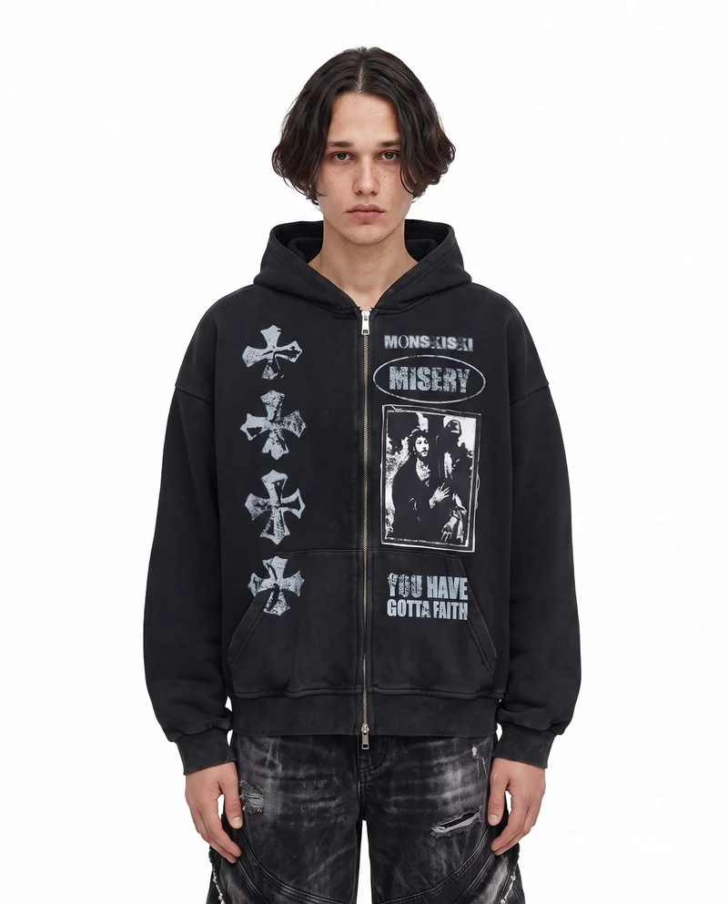 KIIKIO Vintage Washed Graphic Cross Zip Hoodie