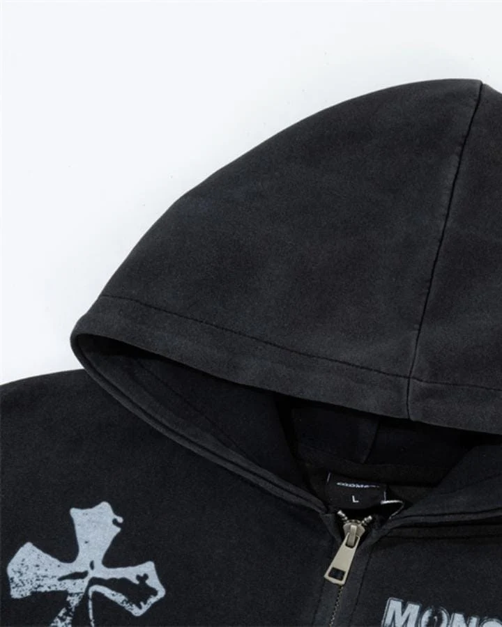 KIIKIO Vintage Washed Graphic Cross Zip Hoodie