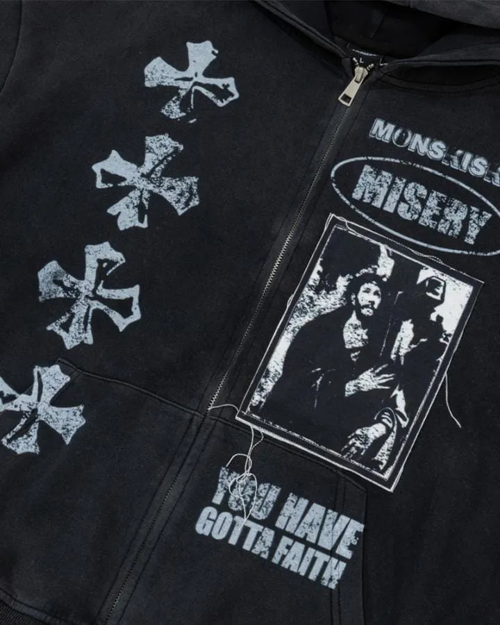 KIIKIO Vintage Washed Graphic Cross Zip Hoodie