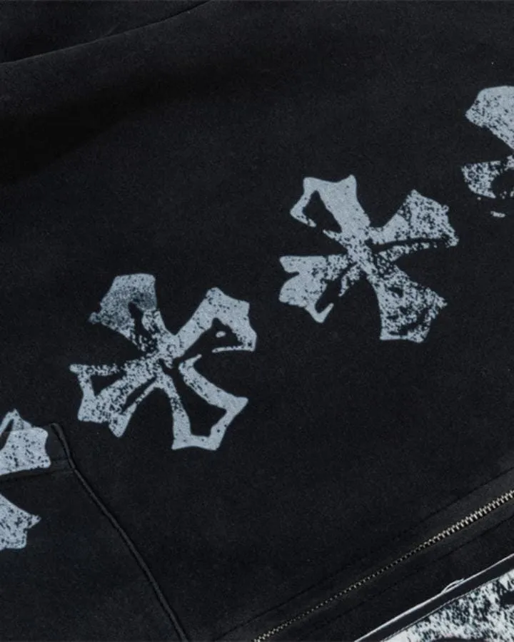 KIIKIO Vintage Washed Graphic Cross Zip Hoodie