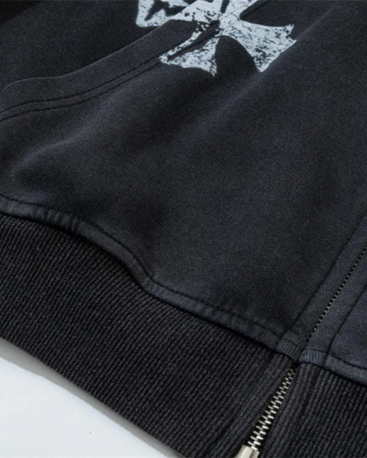 KIIKIO Vintage Washed Graphic Cross Zip Hoodie