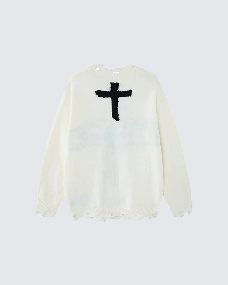 KIIKIO Gothic Cross Distressed Knit Sweater