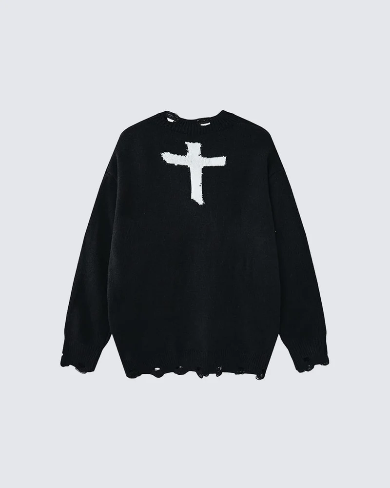 KIIKIO Gothic Cross Distressed Knit Sweater