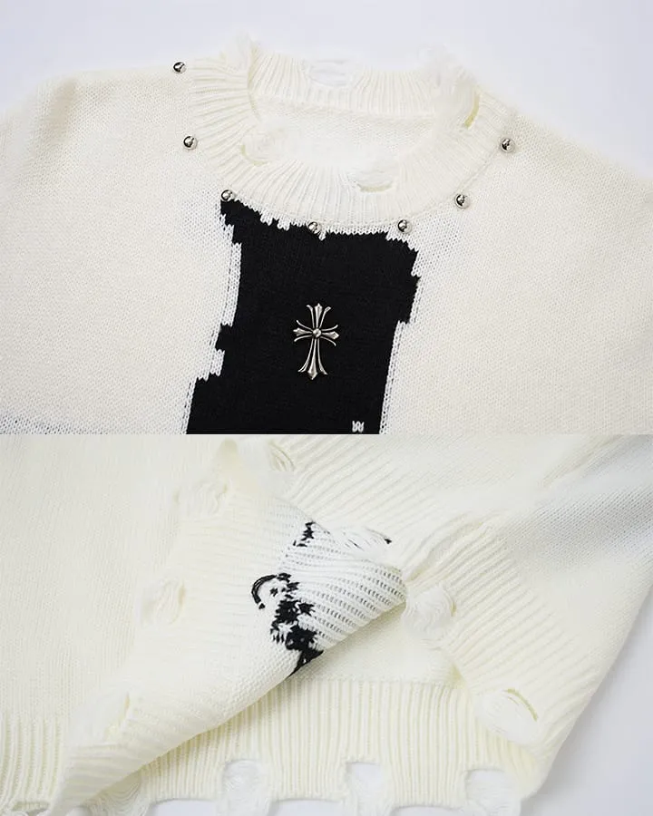 KIIKIO Gothic Cross Distressed Knit Sweater