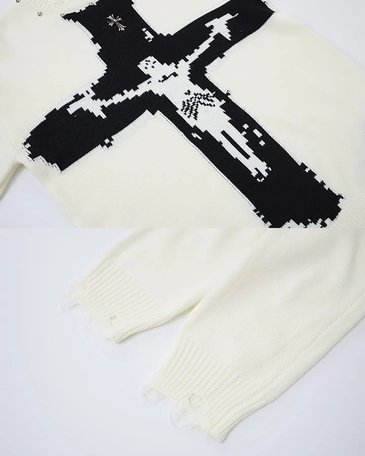 KIIKIO Gothic Cross Distressed Knit Sweater