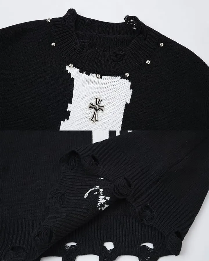 KIIKIO Gothic Cross Distressed Knit Sweater