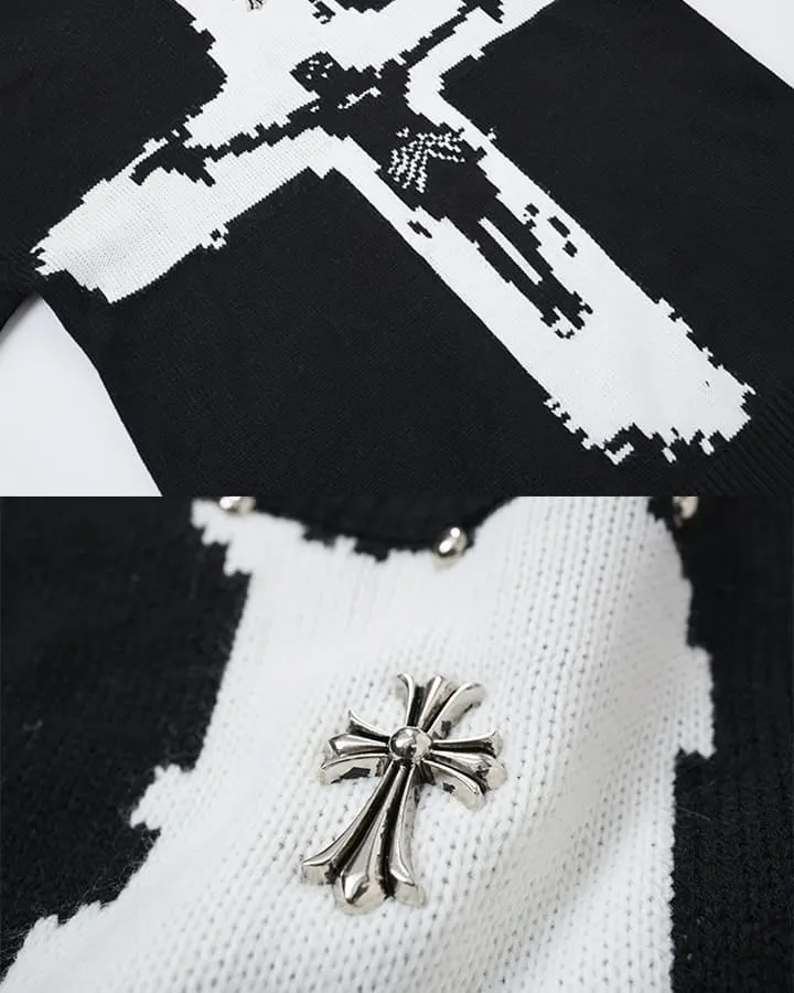 KIIKIO Gothic Cross Distressed Knit Sweater