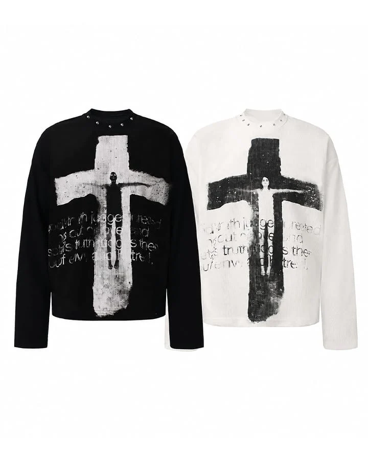 KIIKIO Gothic Cross Studded Long Sleeve T-Shirt