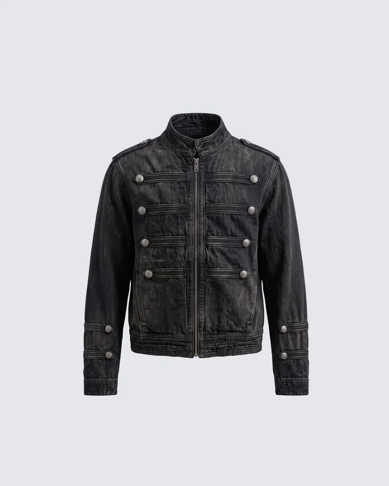KIIKIO Retro Military Style Denim Biker Jacket