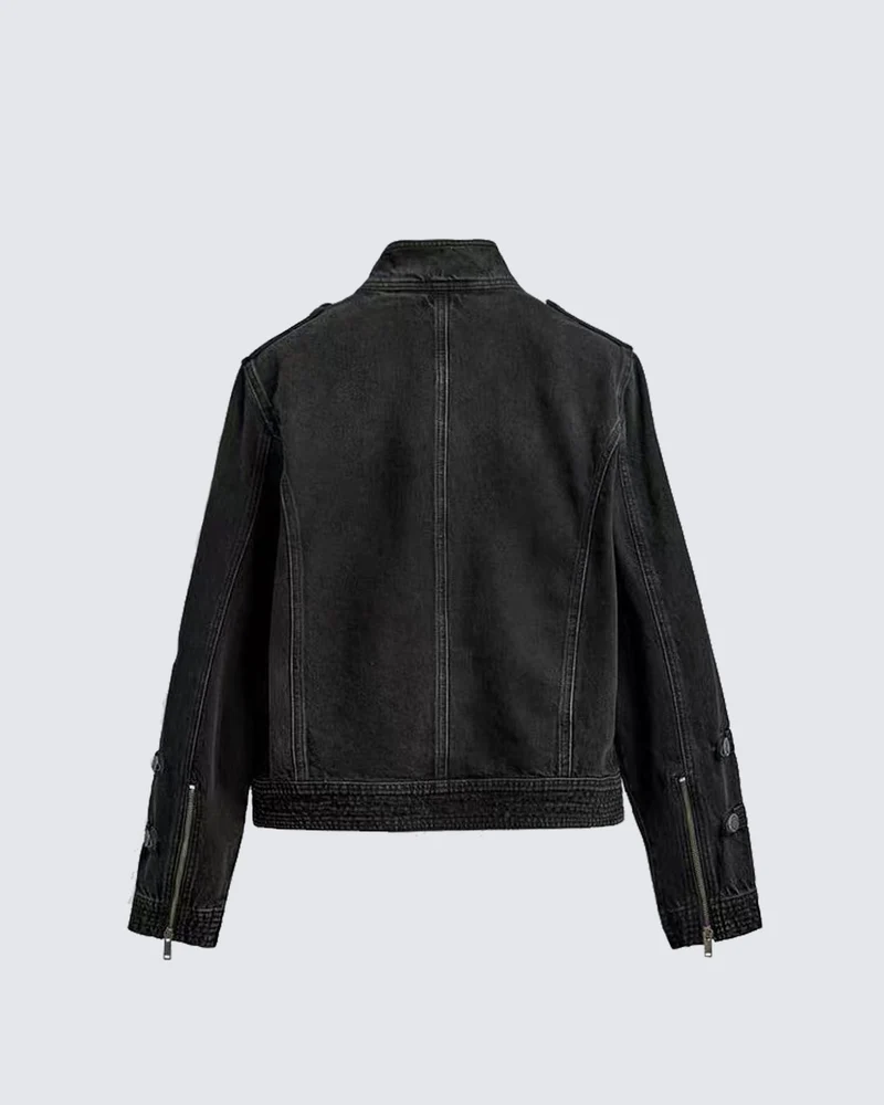 KIIKIO Retro Military Style Denim Biker Jacket