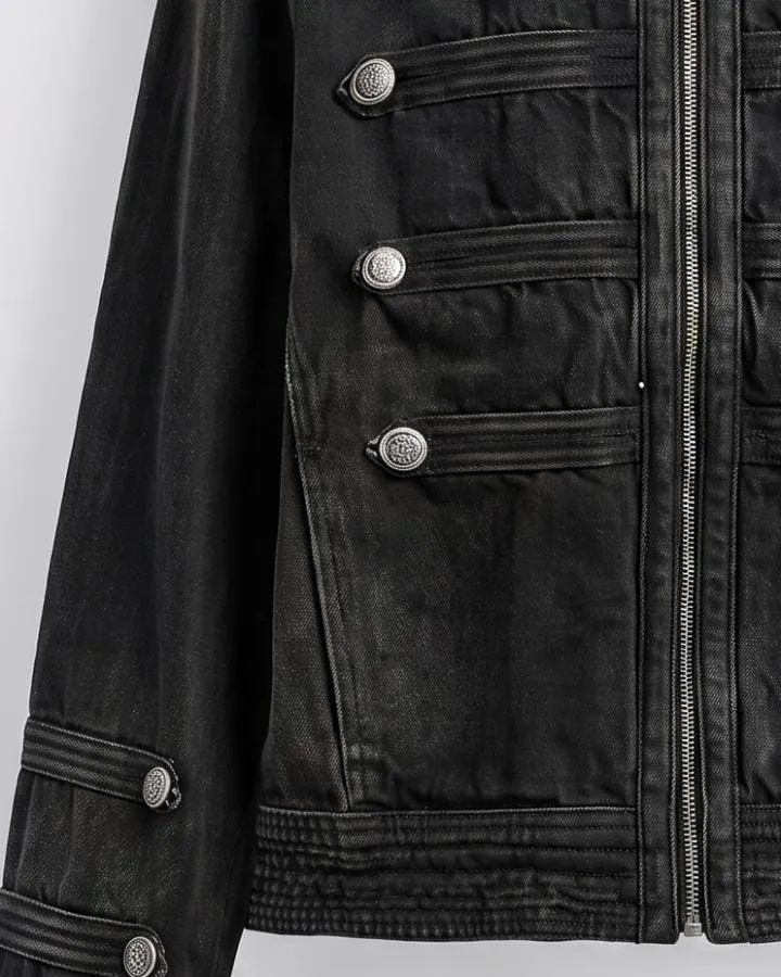 KIIKIO Retro Military Style Denim Biker Jacket