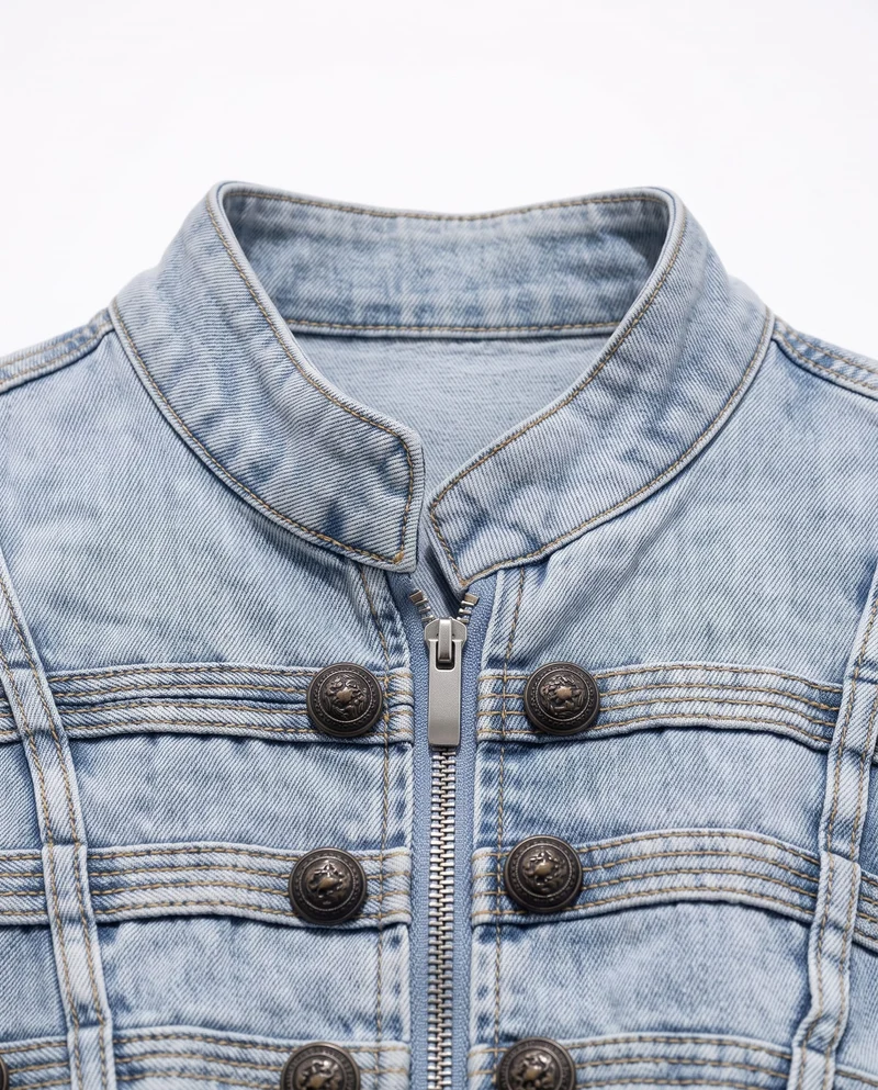 KIIKIO American Streetwear Stand Collar Washed Denim Jacket