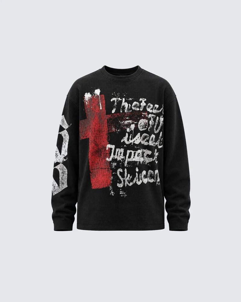KIIKIO Vintage Graffiti Cross Graphic Long Sleeve T-Shirt