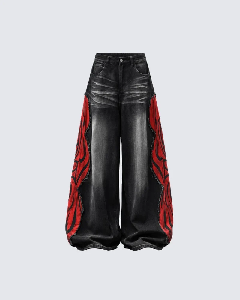 KIIKIO Black Washed Flame Panel Wide-Leg Cargo Jeans