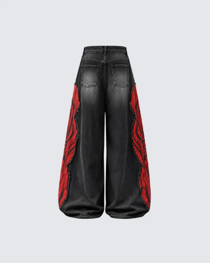 KIIKIO Black Washed Flame Panel Wide-Leg Cargo Jeans