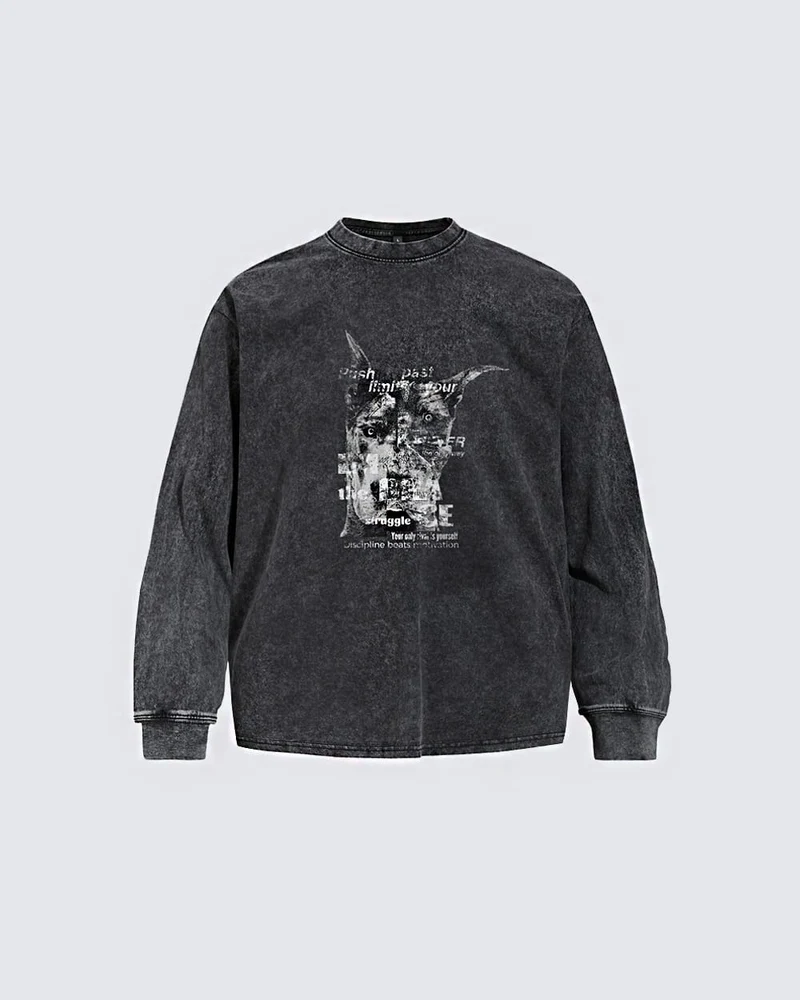 KIIKIO Vintage Washed Doberman Graphic Long-Sleeve T-Shirt