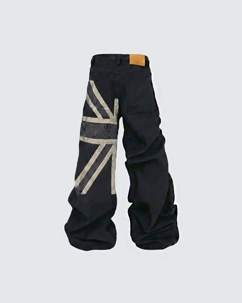 KIIKIO Vintage British Flag Print Wide-Leg Jeans