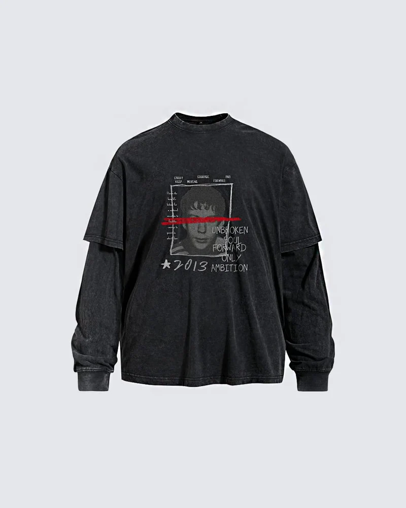 KIIKIO High Street American Graphic Layered Long-Sleeve T-Shirt