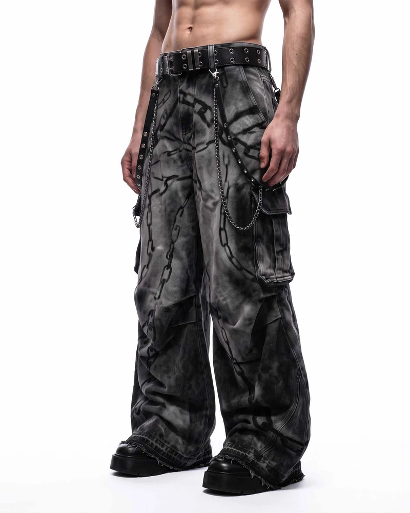 KIIKIO SYMBIOTE Chain-Graphic Distressed Cargo Pants