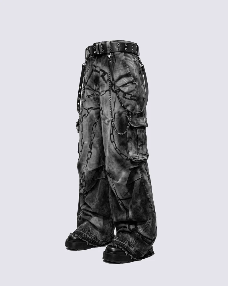 KIIKIO SYMBIOTE Chain-Graphic Distressed Cargo Pants