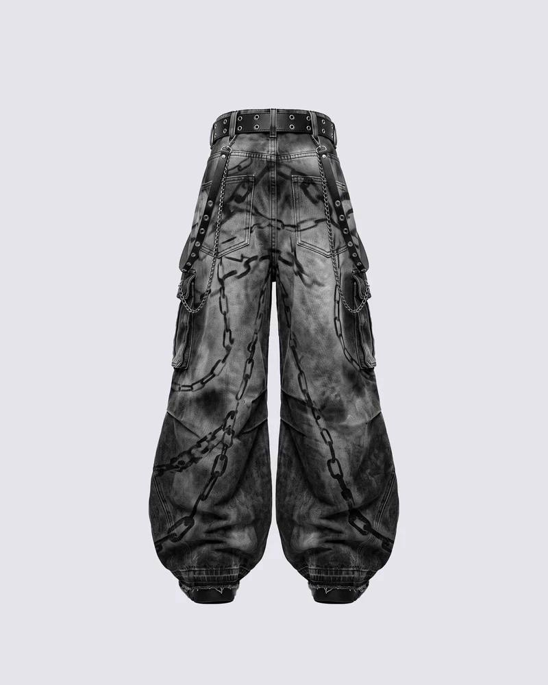 KIIKIO SYMBIOTE Chain-Graphic Distressed Cargo Pants