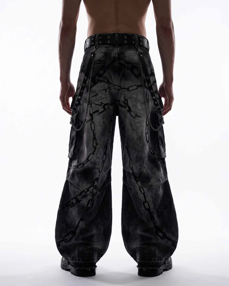 KIIKIO SYMBIOTE Chain-Graphic Distressed Cargo Pants