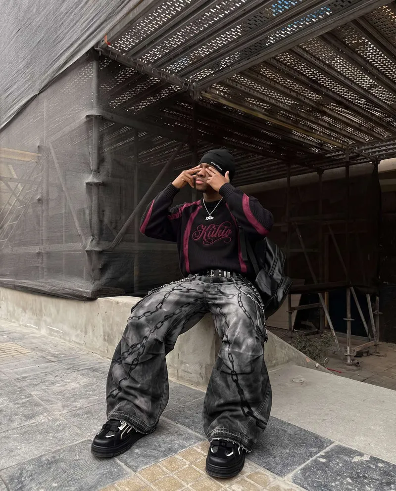 KIIKIO SYMBIOTE Chain-Graphic Distressed Cargo Pants