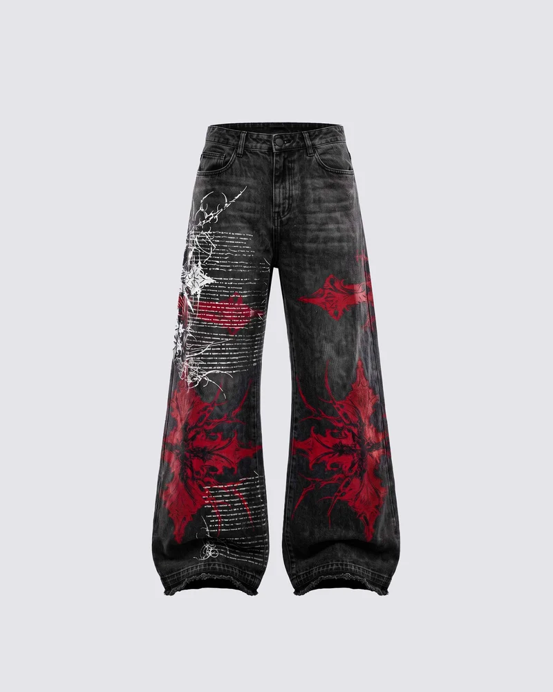 KIIKIO SYMBIOTE Gothic Graphic Washed Wide-Leg Jeans